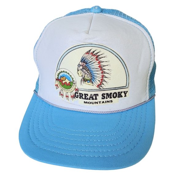 Vintage Great Smoky Mountains Blue White Native American Trucker Snapback Hat Ca - Picture 1 of 7